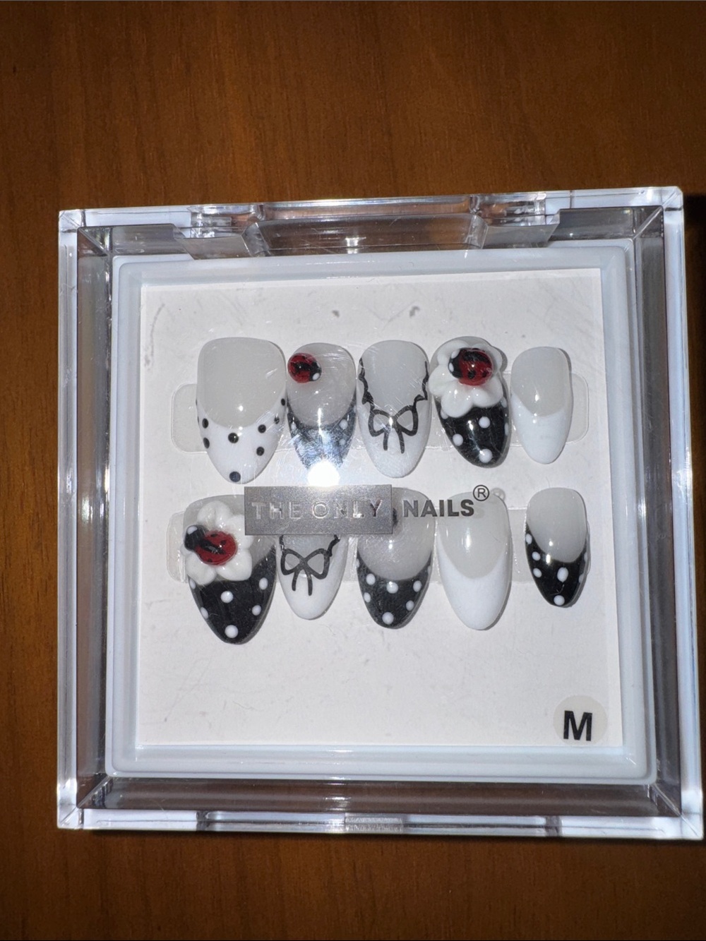Women's Black & White Polka Dot Press-On Nails with Red Accent size M